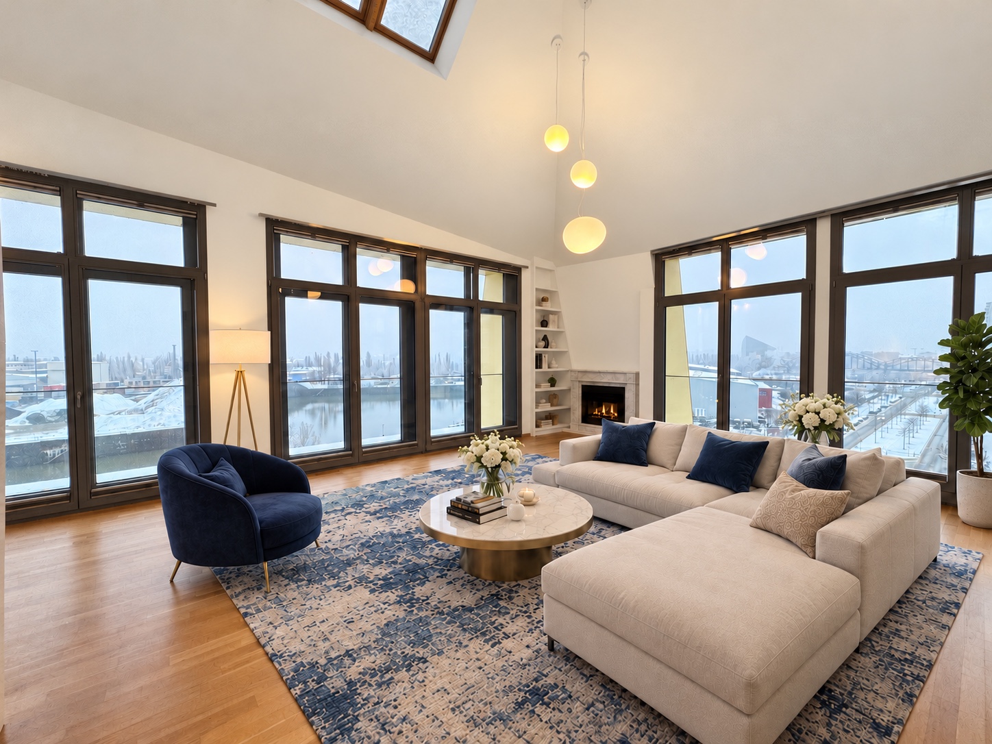 KI-Home-Staging im gleichen Bildformat mit cremefarbenem Sofa, blauem Sessel und Marmortisch